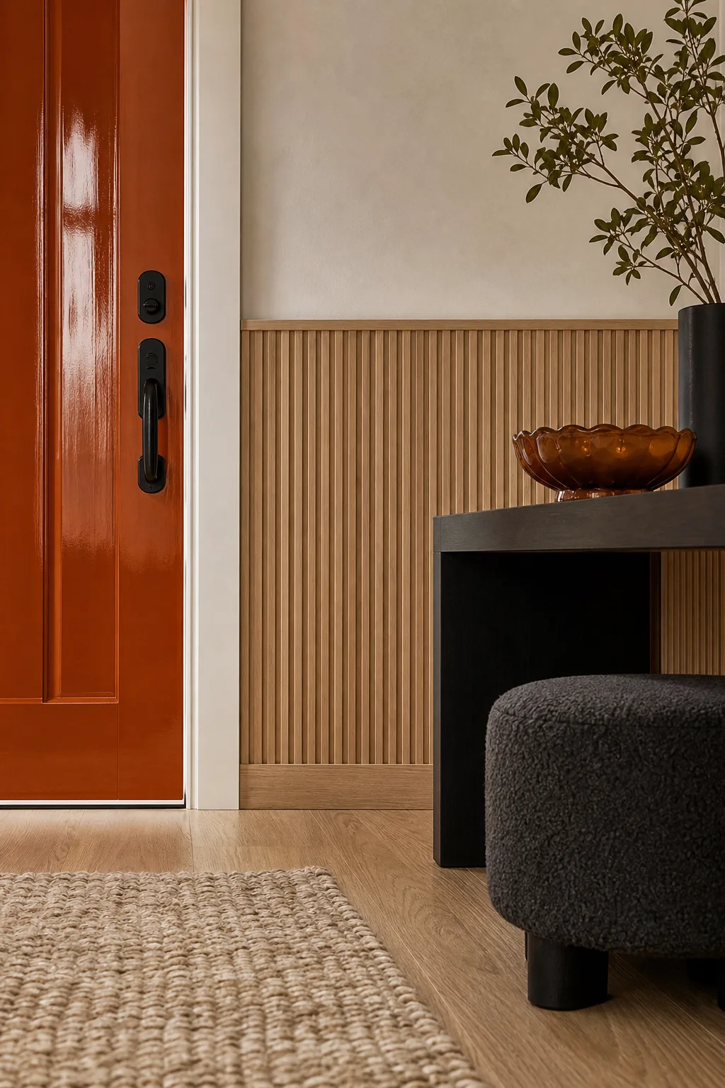 The contrast of gloss and plaster in the finished entryway