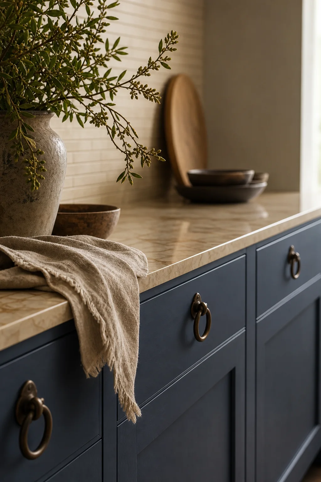 Grounding the space in faded indigo in the finished galley kitchen