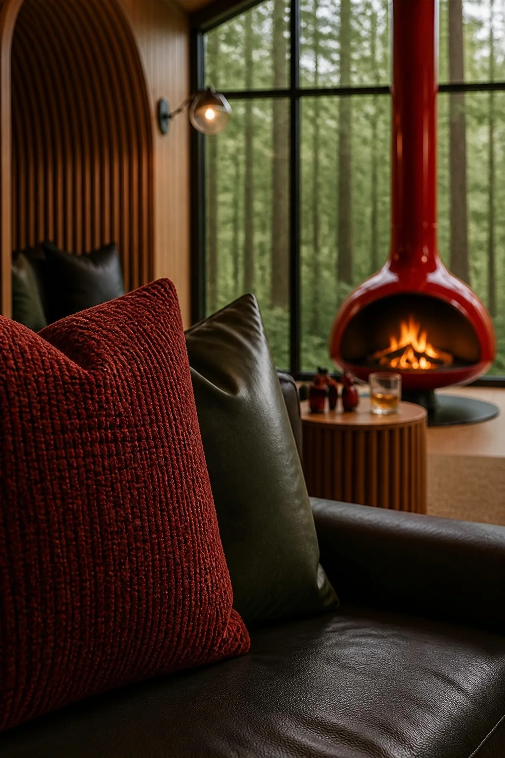 Anchoring with industrial red in the finished treehouse lounge
