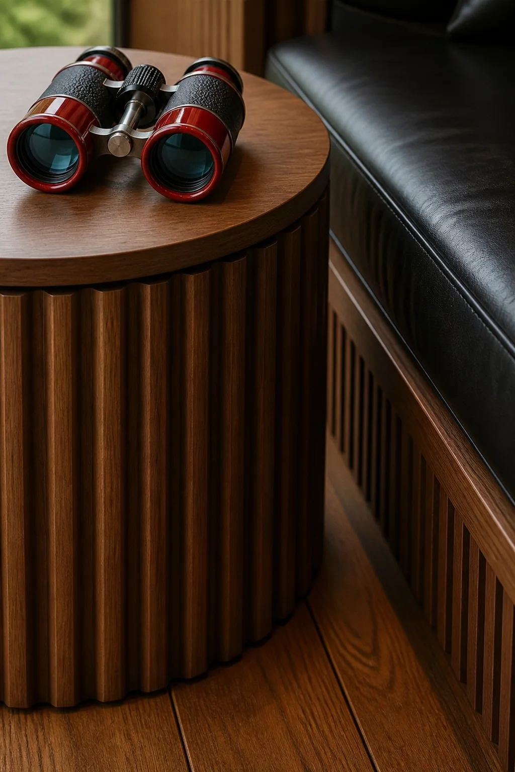 Tactile fluted walnut details in the finished treehouse lounge
