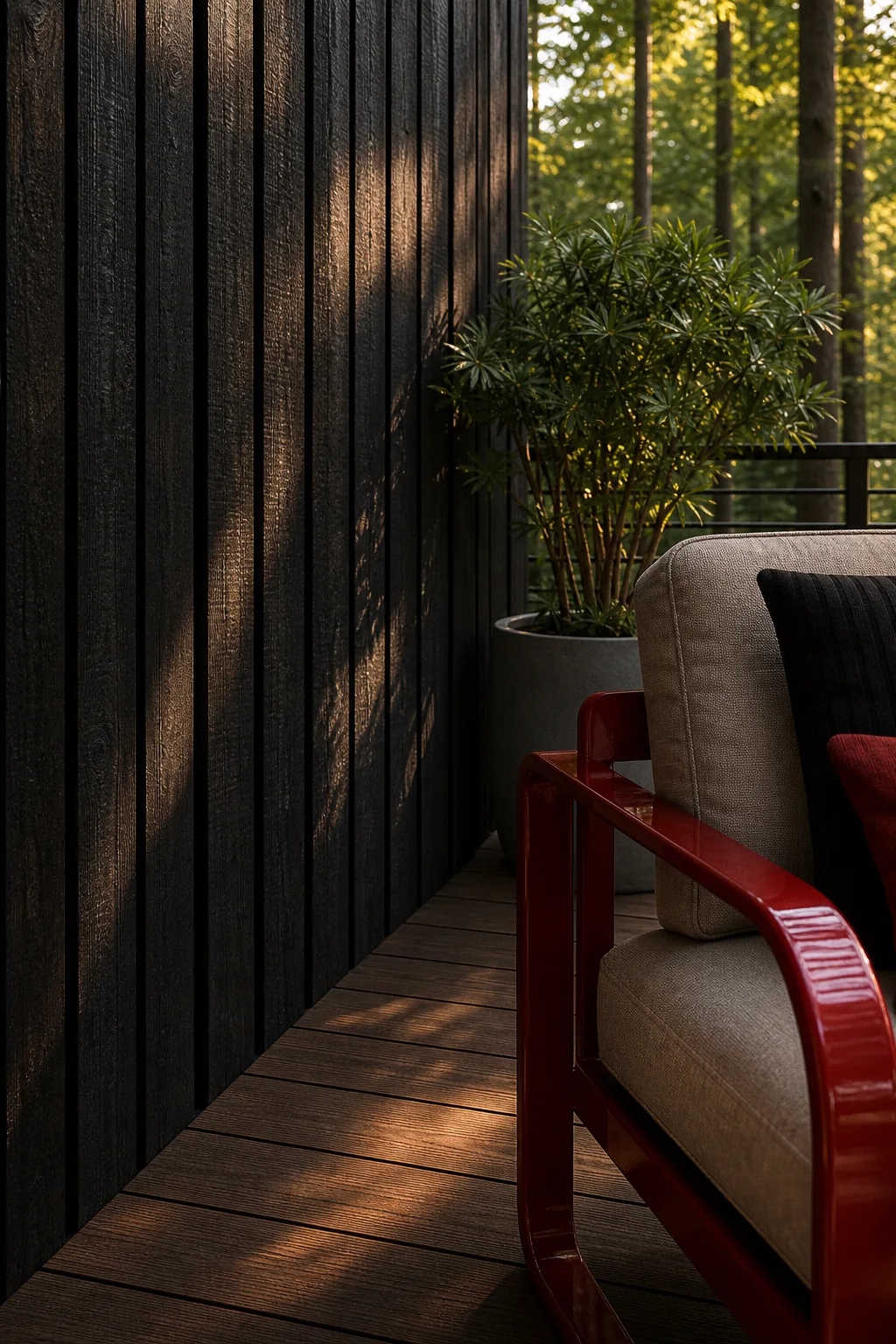 Anchoring with matte textures in the finished treehouse deck lounge
