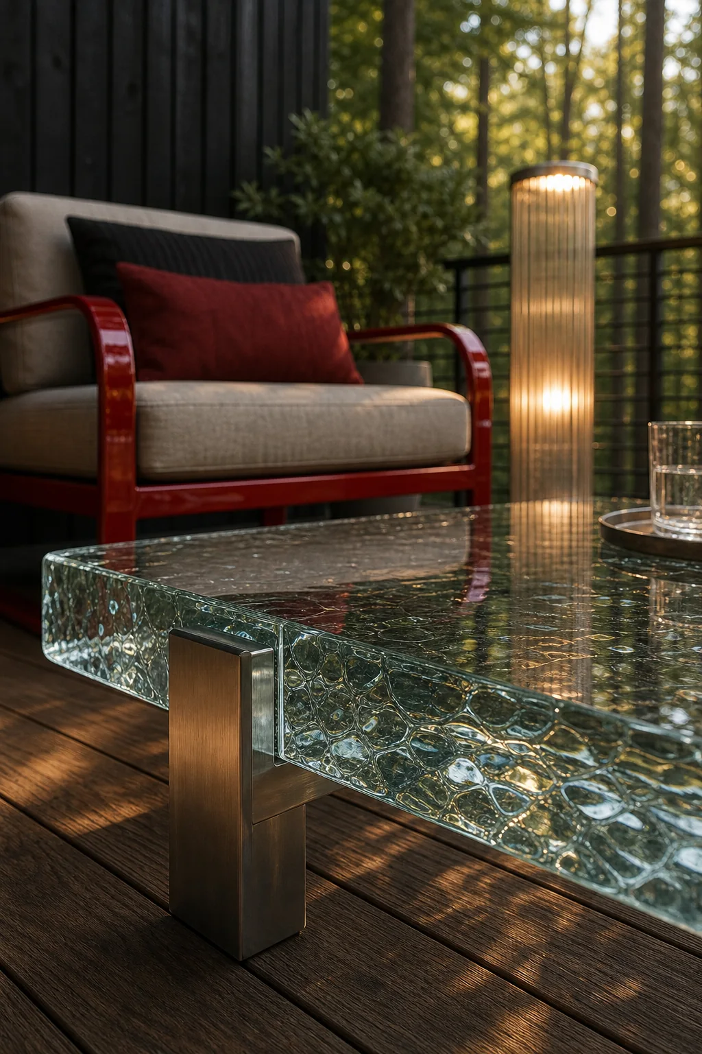 Translating precision optics in the finished treehouse deck lounge