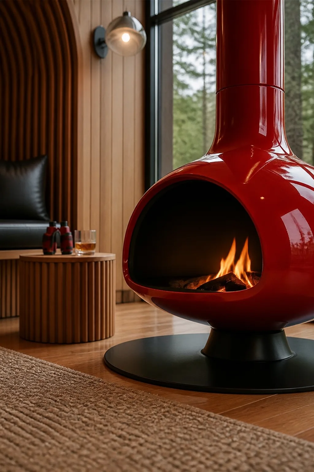 The red enamel pivot point in the finished treehouse lounge