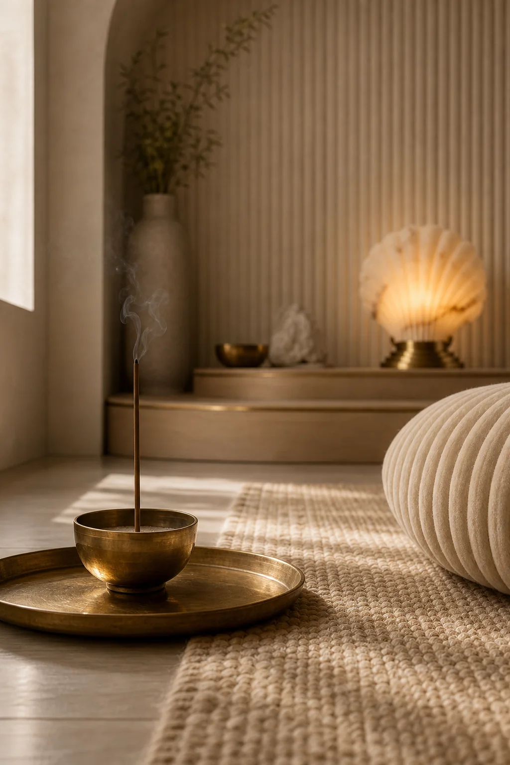 Warming the alabaster base in the finished meditation corner