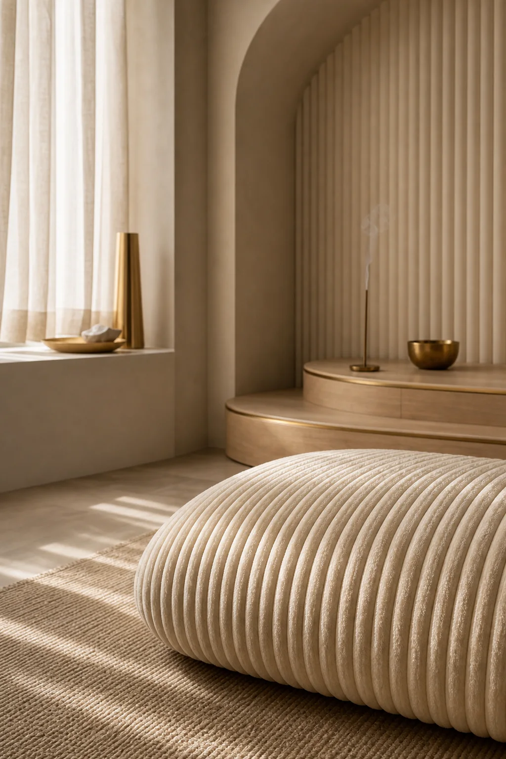 Tactile comfort in ribbed velvet in the finished meditation corner
