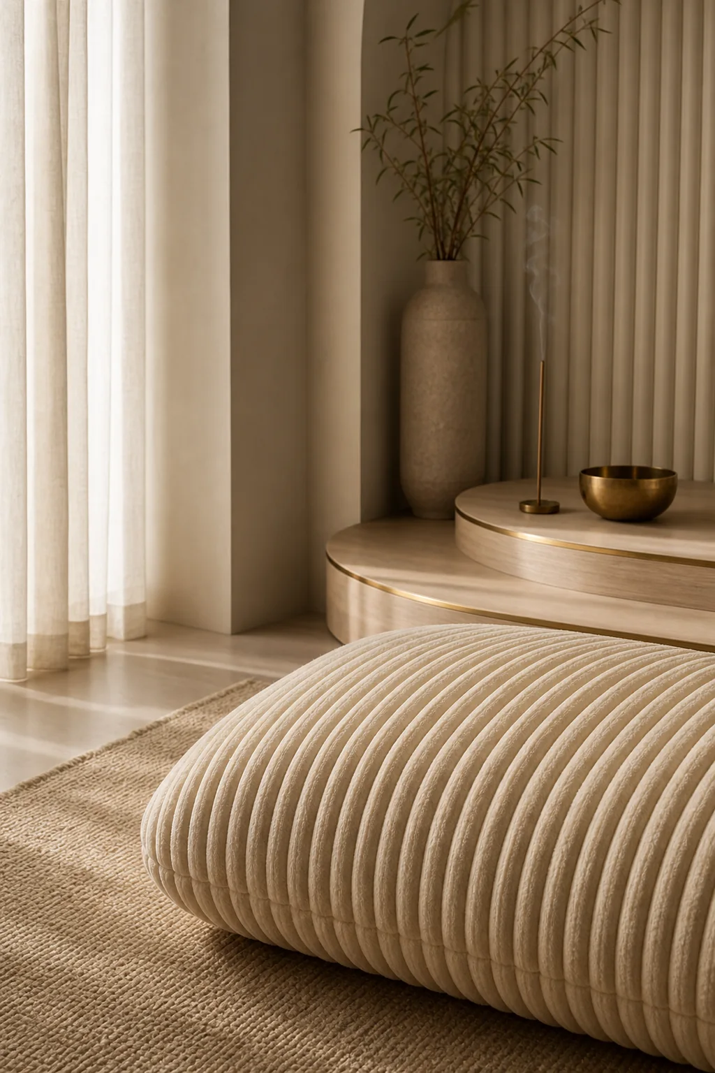 Milky warmth and aged brass in the finished meditation corner