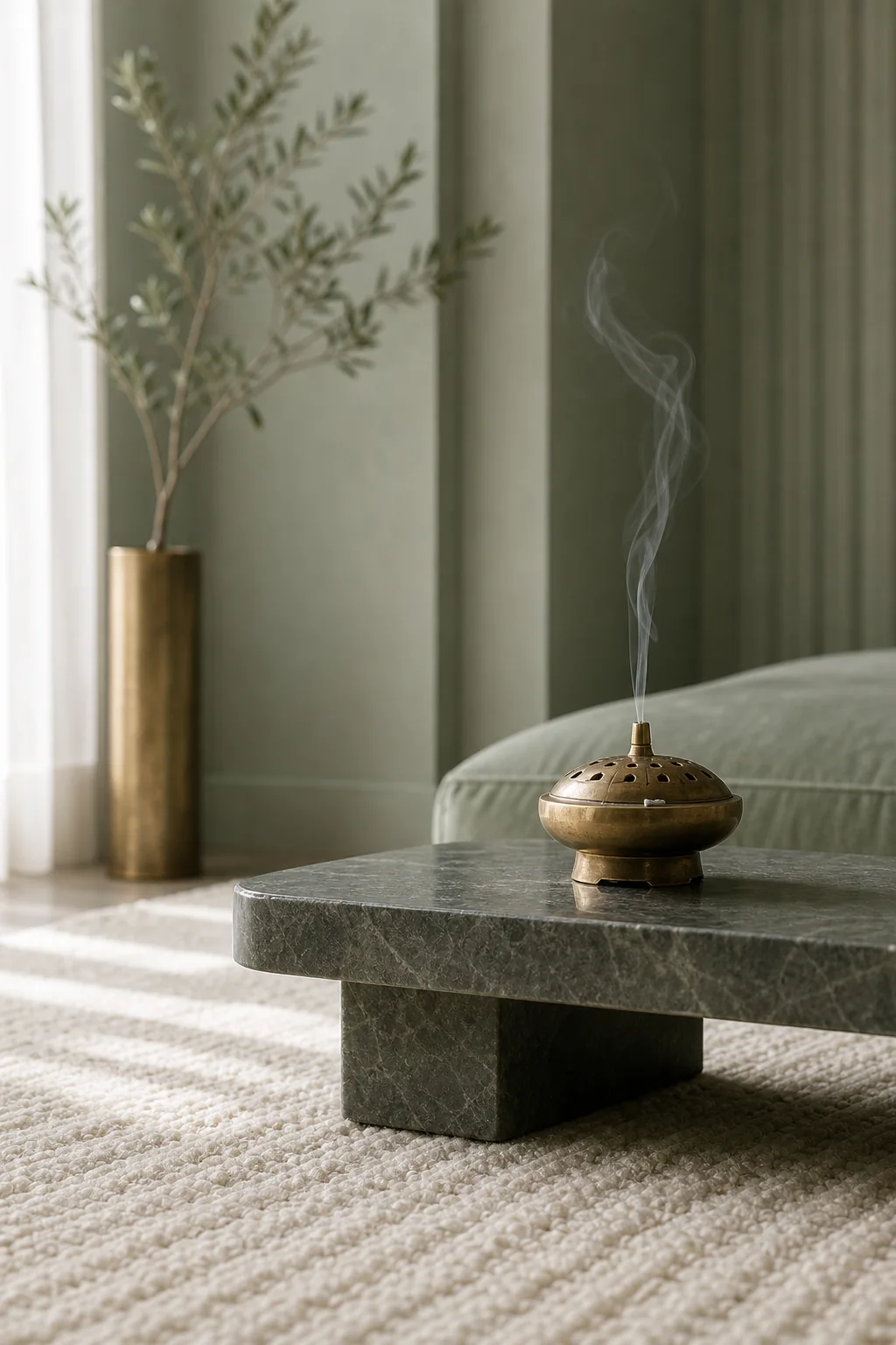 Aged Brass Against Matte Walls in the finished meditation nook