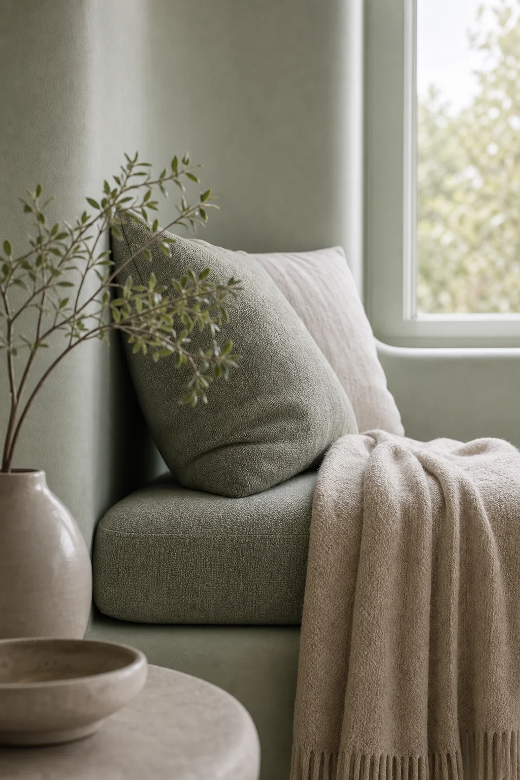 Drenching the nook in mineral sage in the finished window bench
