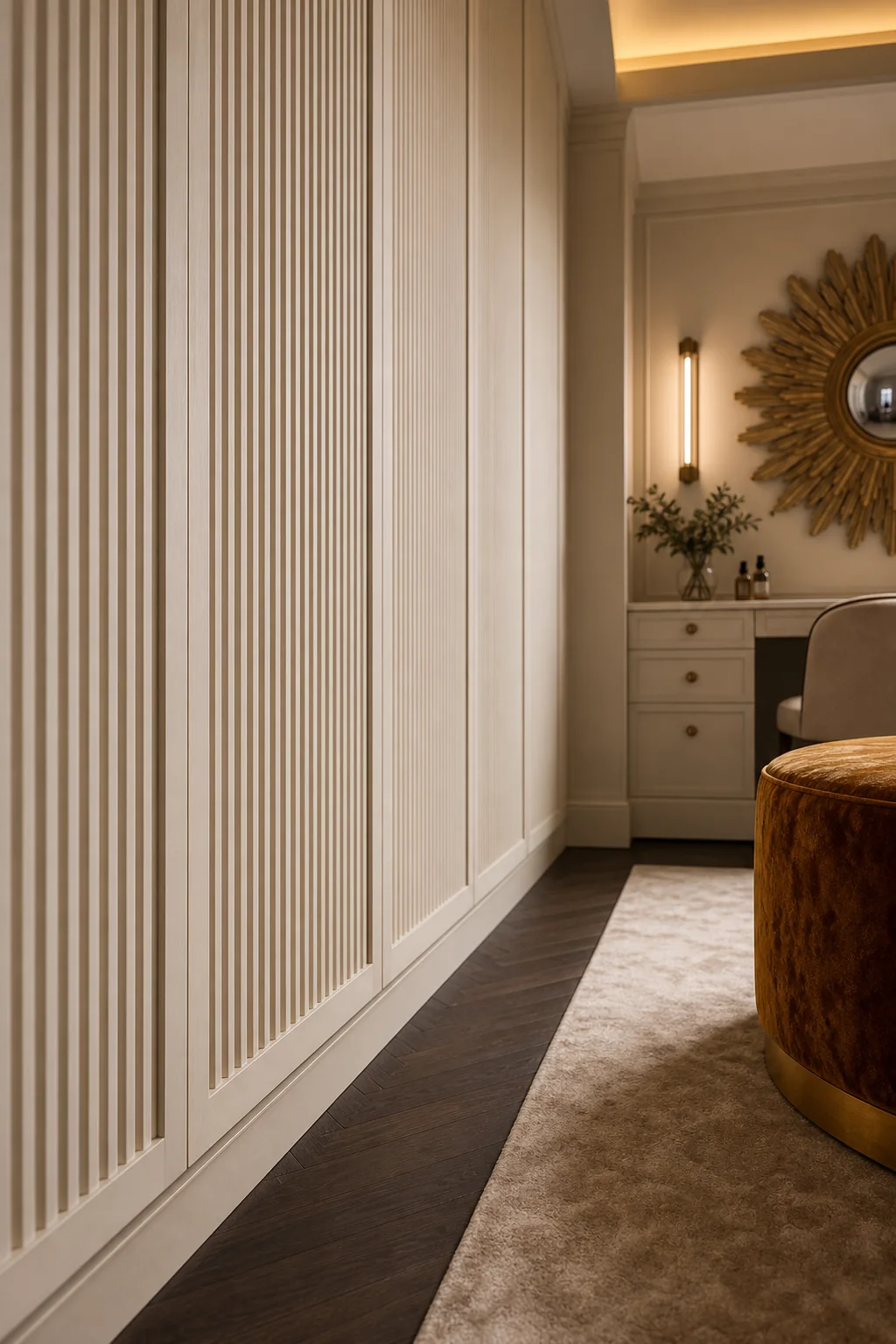 Concealed Storage Behind Textured Doors in the finished dressing room