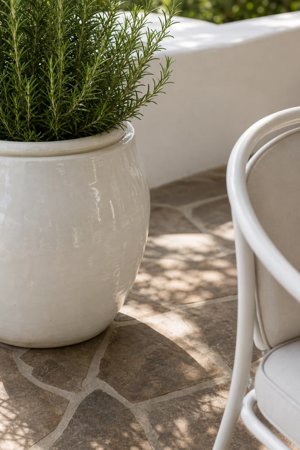 Glaze meets raw earth in the finished dining terrace