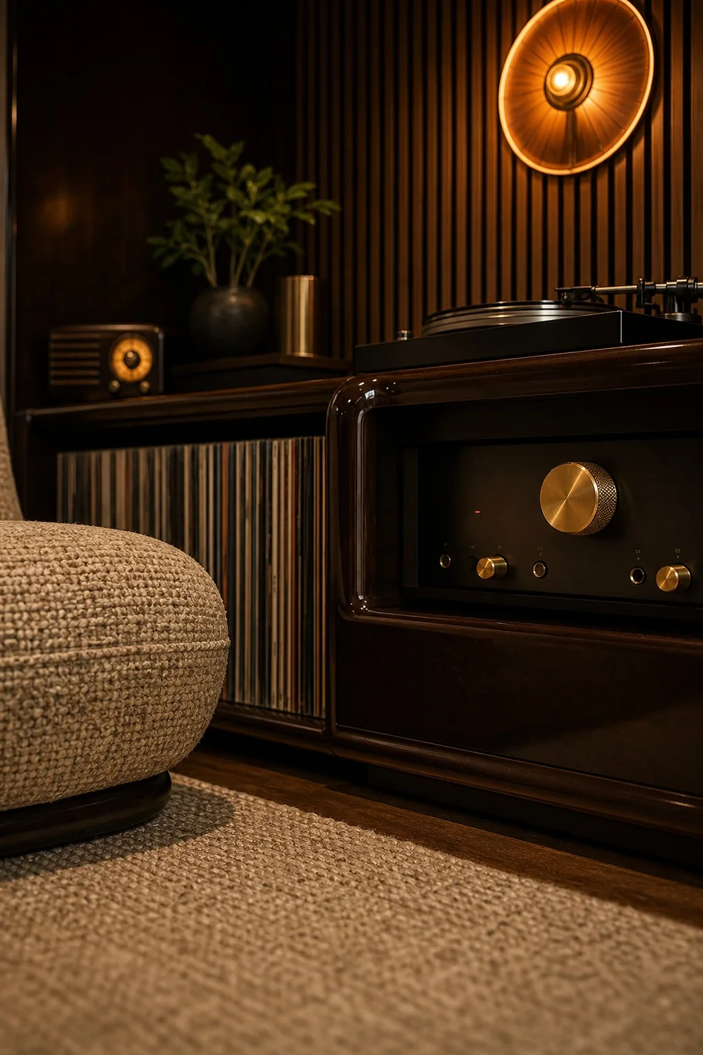 Polished brass touchpoints in the finished listening nook