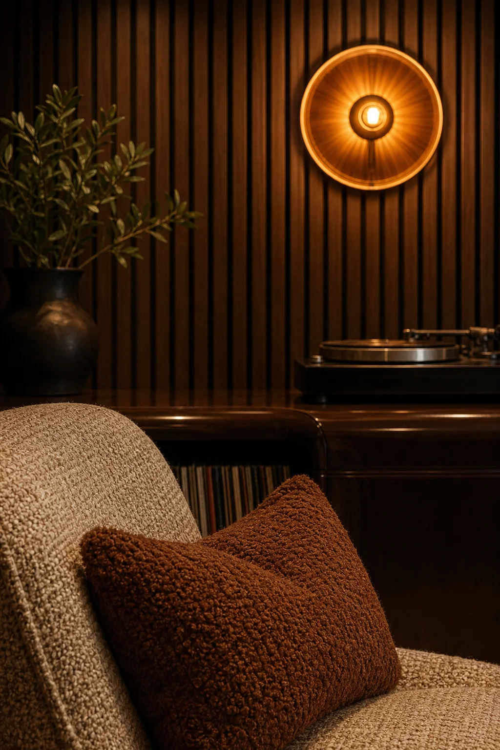 Dialing in the amber glow in the finished listening nook