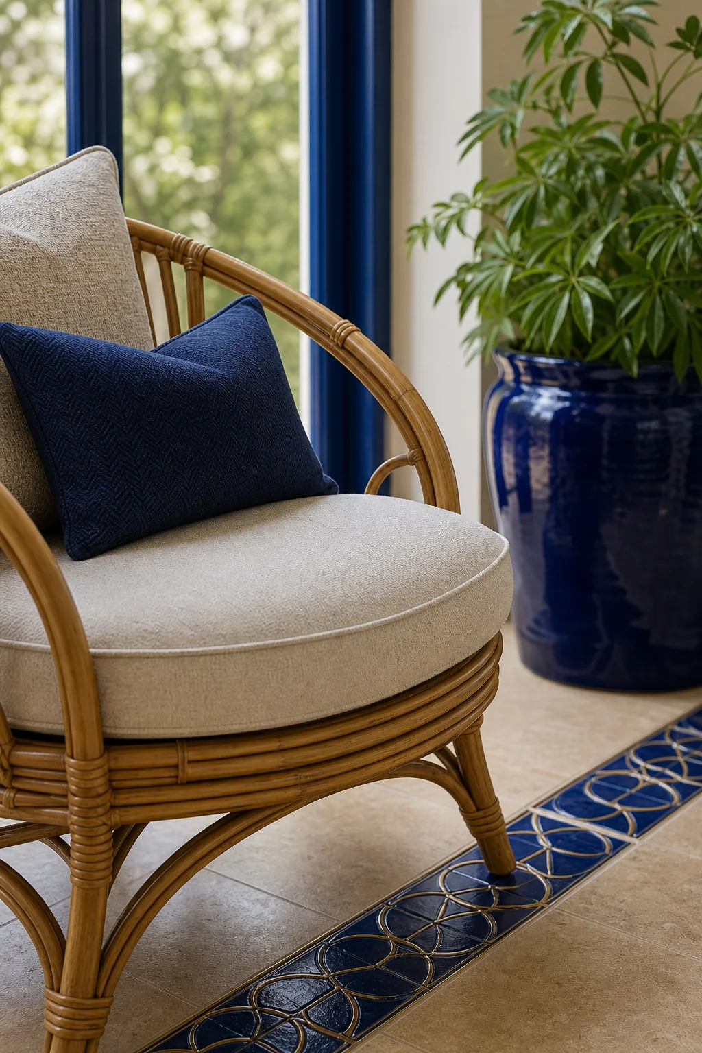 Anchoring the Space in Cobalt and Gold in the finished indoor sunroom