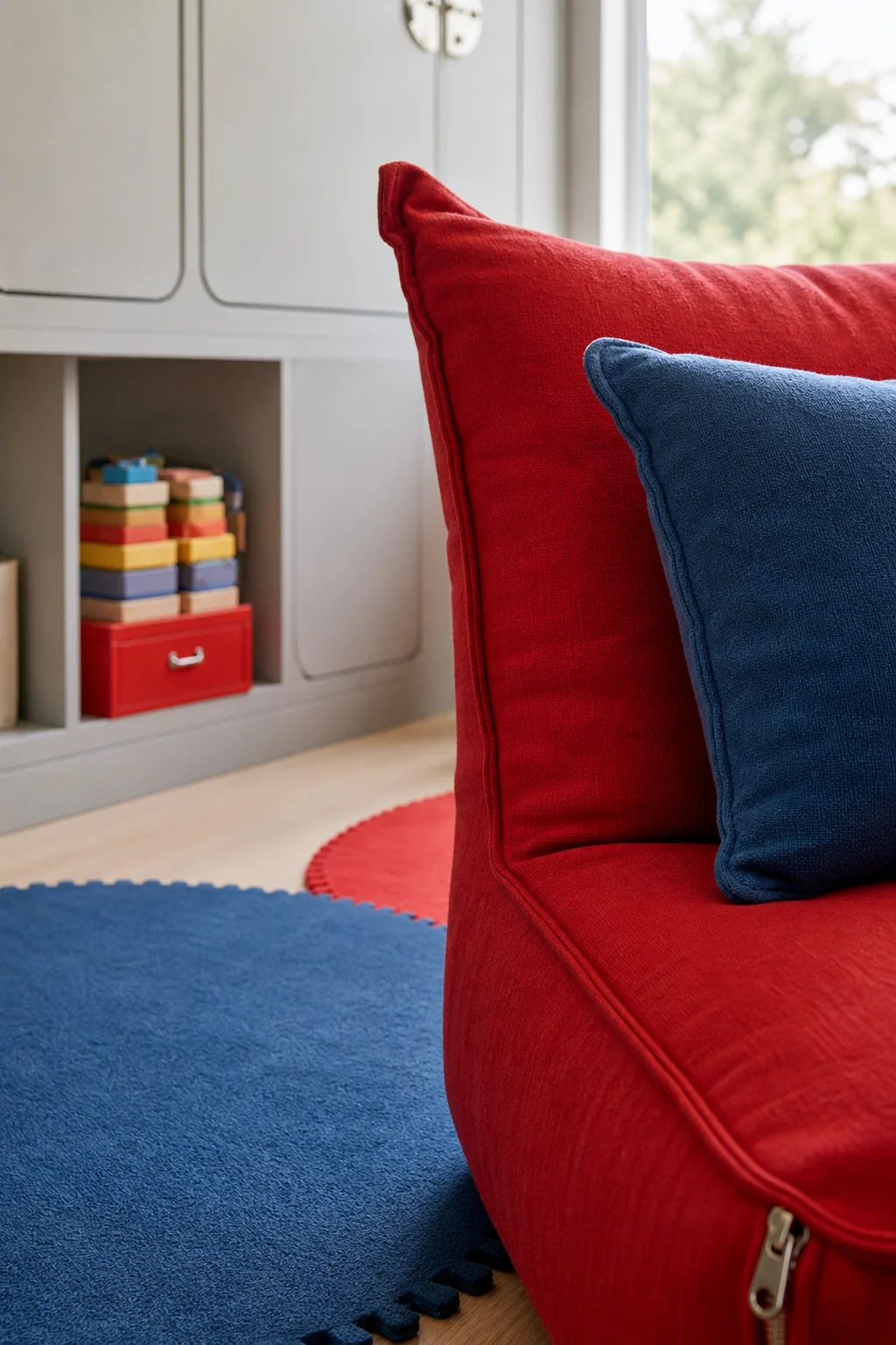Deploying primary color blocks in the finished kids playroom