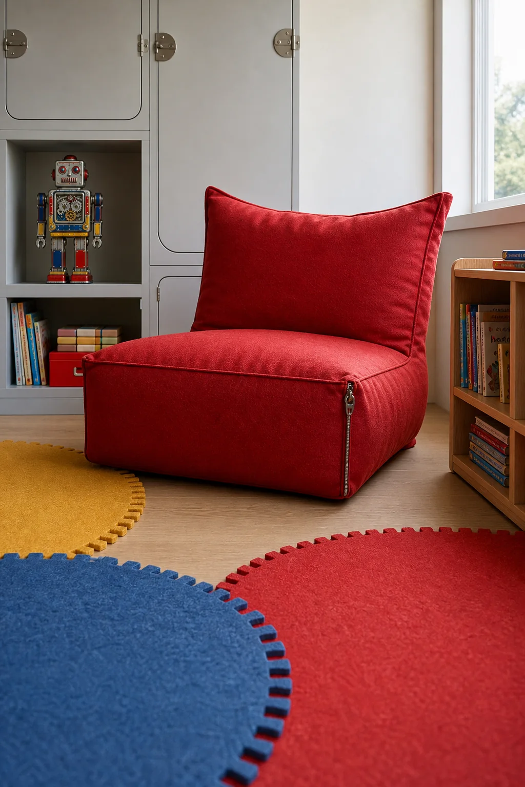 Anchoring the reading nook in signal red in the finished kids playroom
