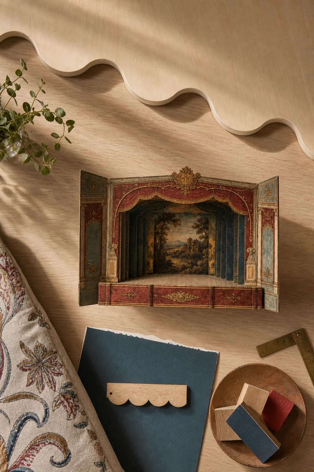 Symmetrical framing and scalloped details in the finished kids playroom