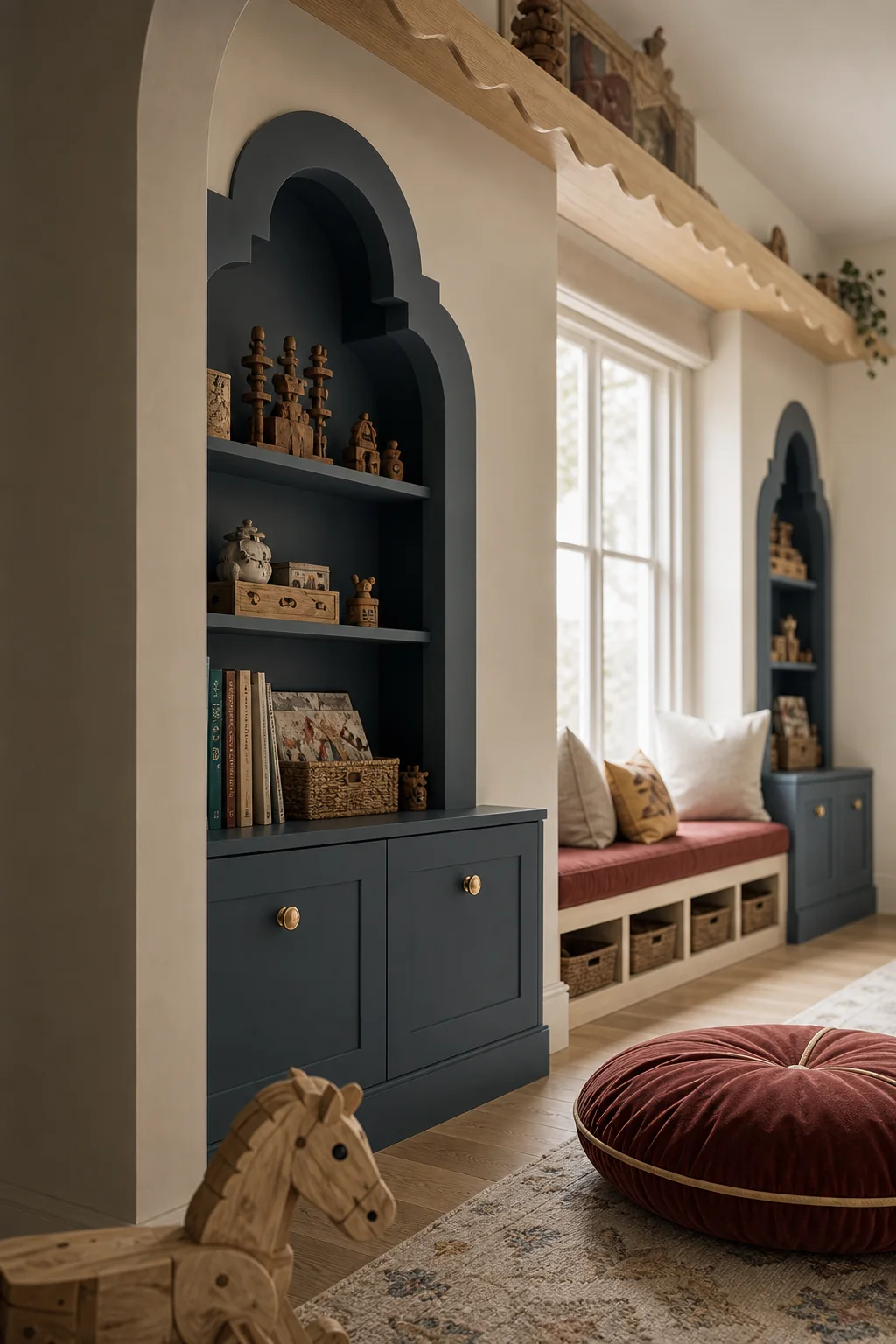 Architectural depth through stepped alcoves in the finished kids playroom