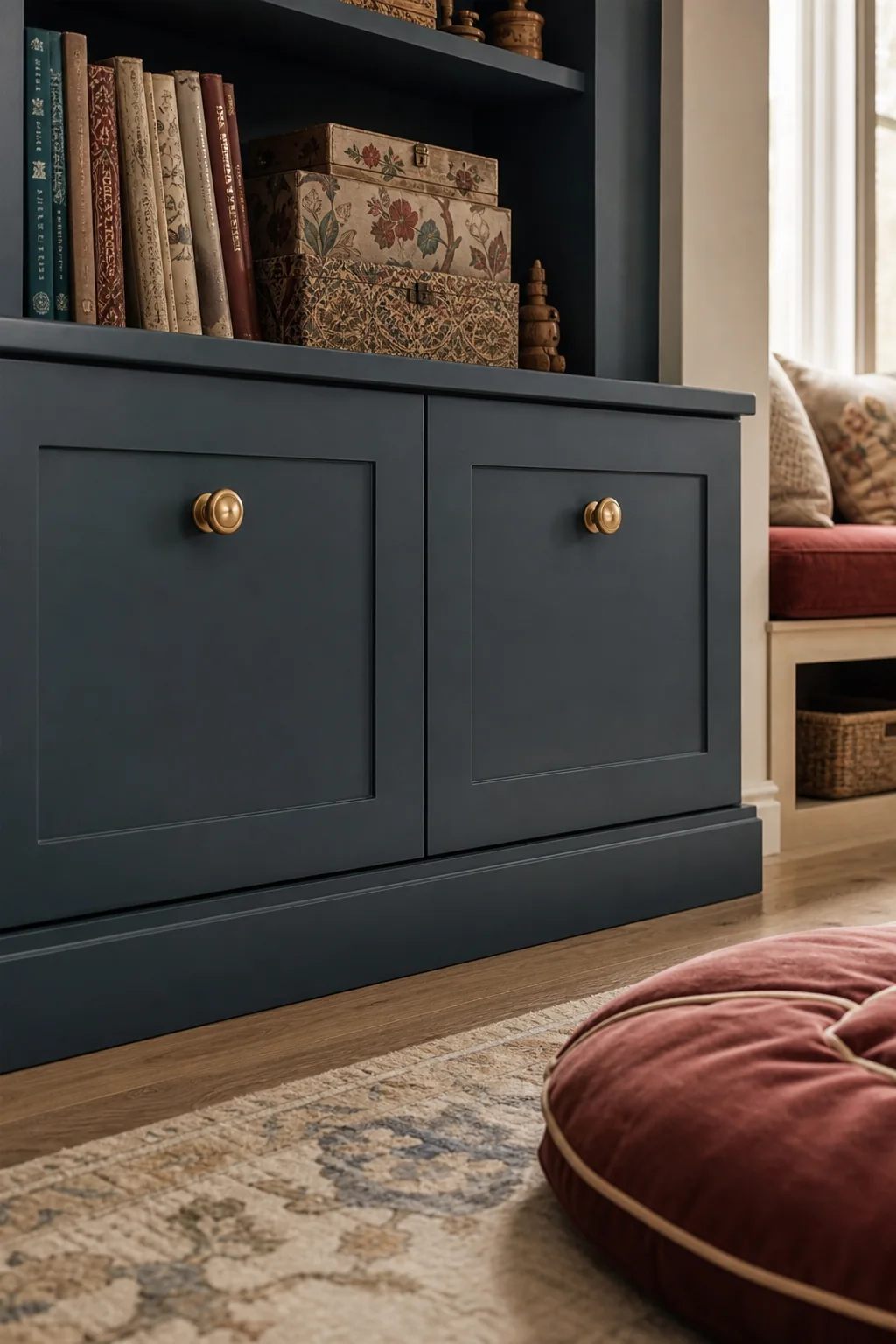 Grounding the room with Prussian blue in the finished kids playroom