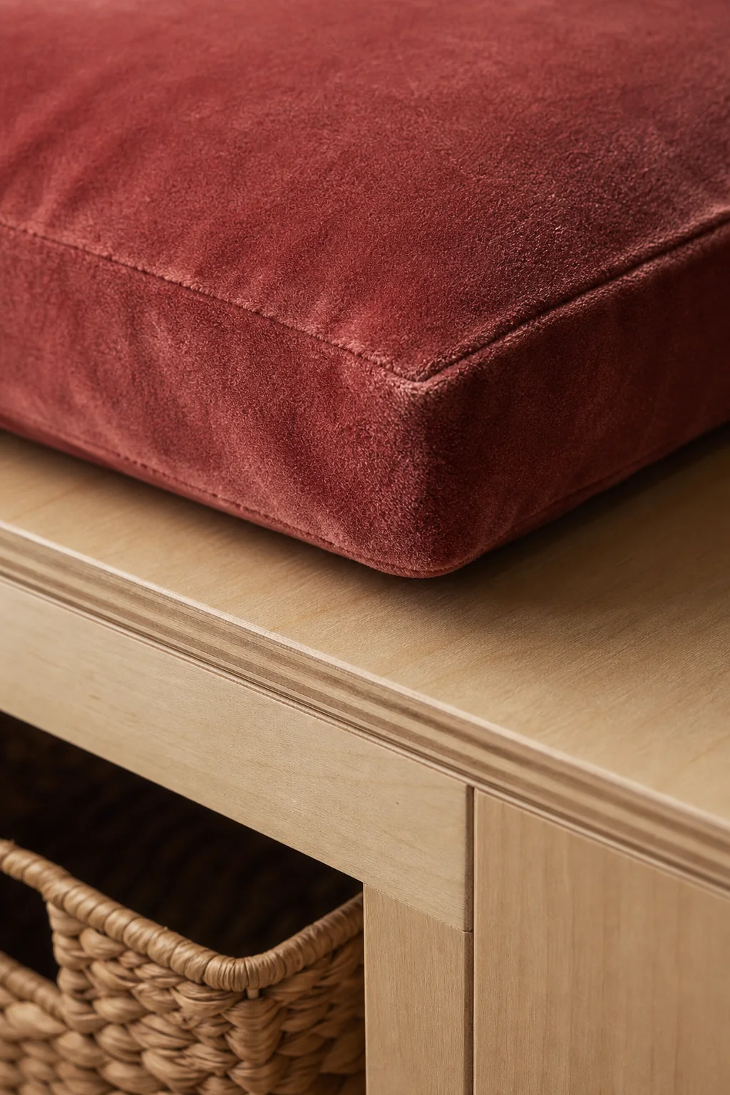 Layering matte velvet and warm birch in the finished kids playroom