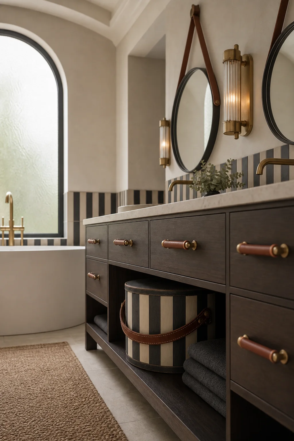 Warming the palette with aged brass in the finished primary bathroom