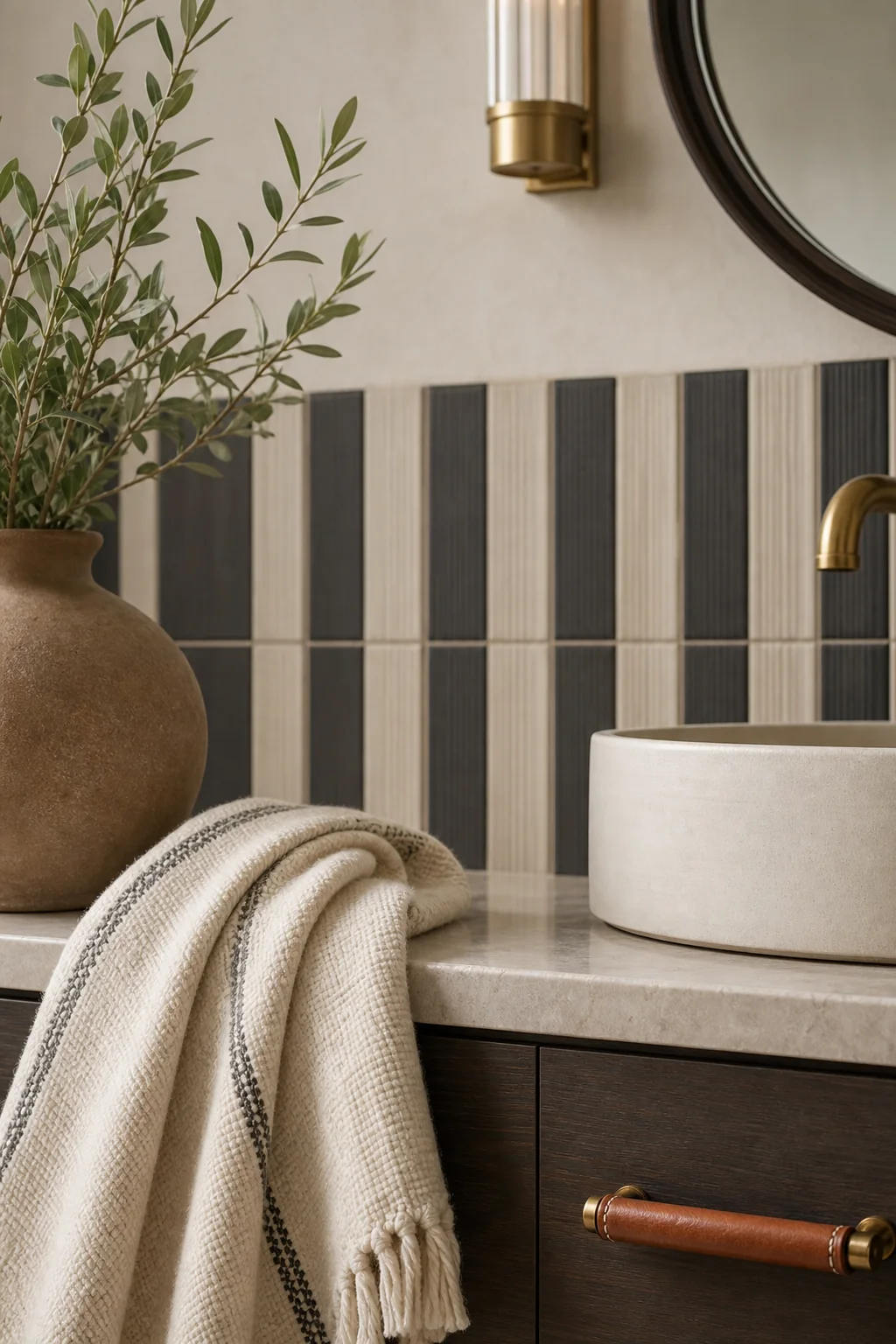 Balancing high-contrast deco tones in the finished primary bathroom