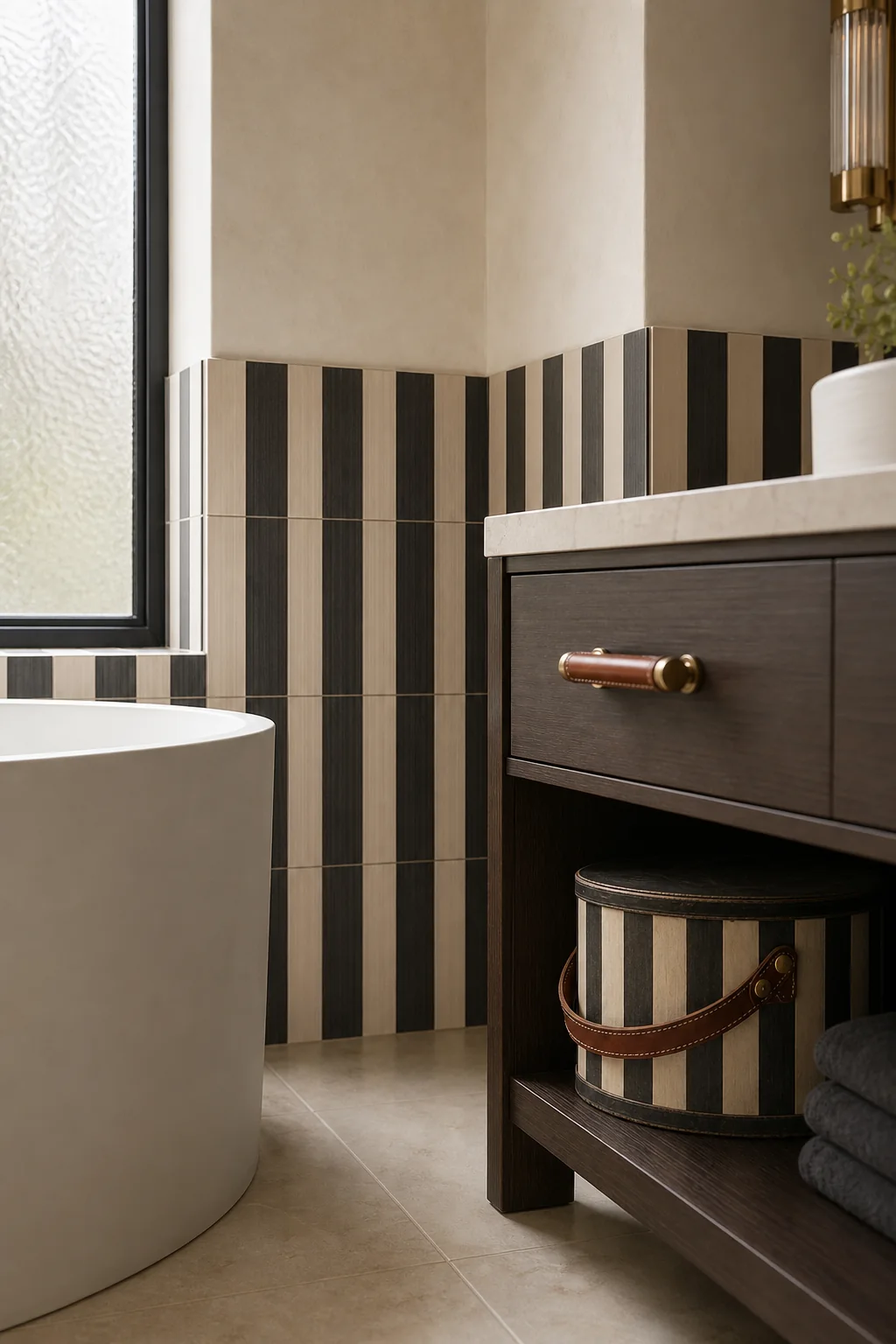 Establishing the striped wainscoting in the finished primary bathroom