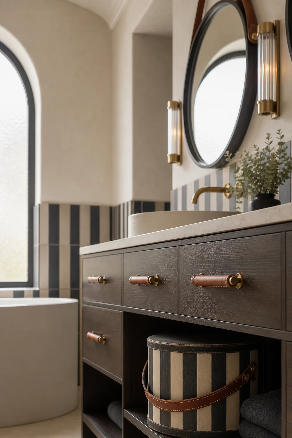 Introducing stitched leather accents in the finished primary bathroom