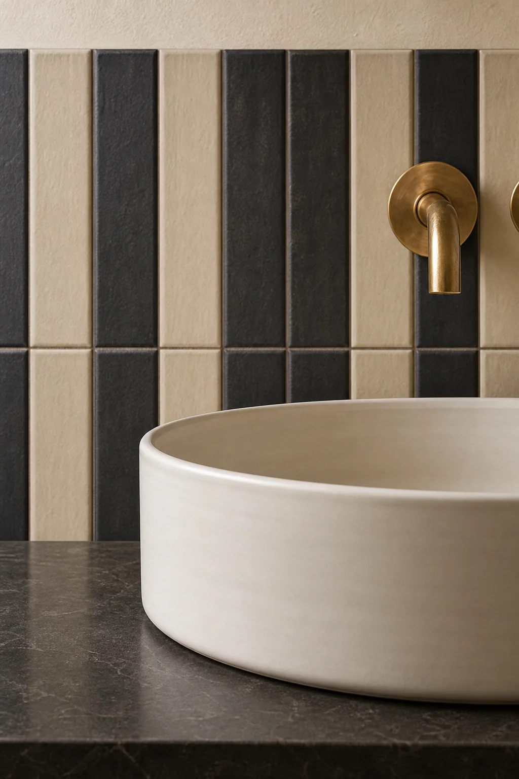 Repeating the drum motif at the vanity in the finished primary bathroom
