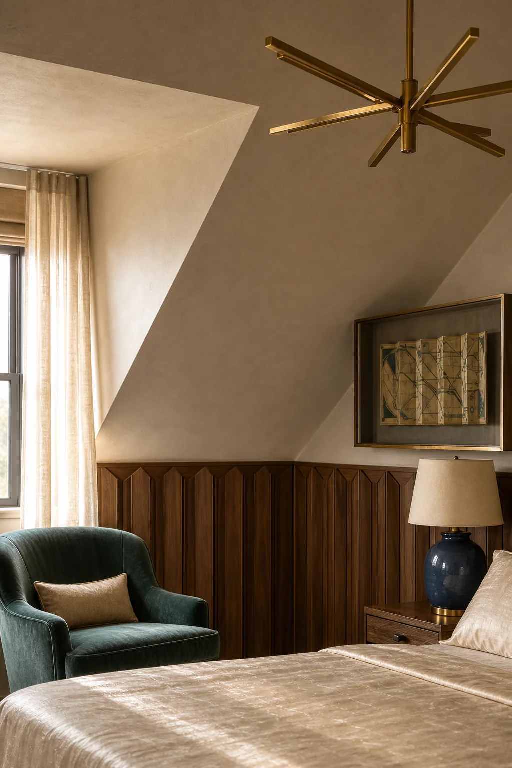 Draping the space in aged silk sheen in the finished attic bedroom