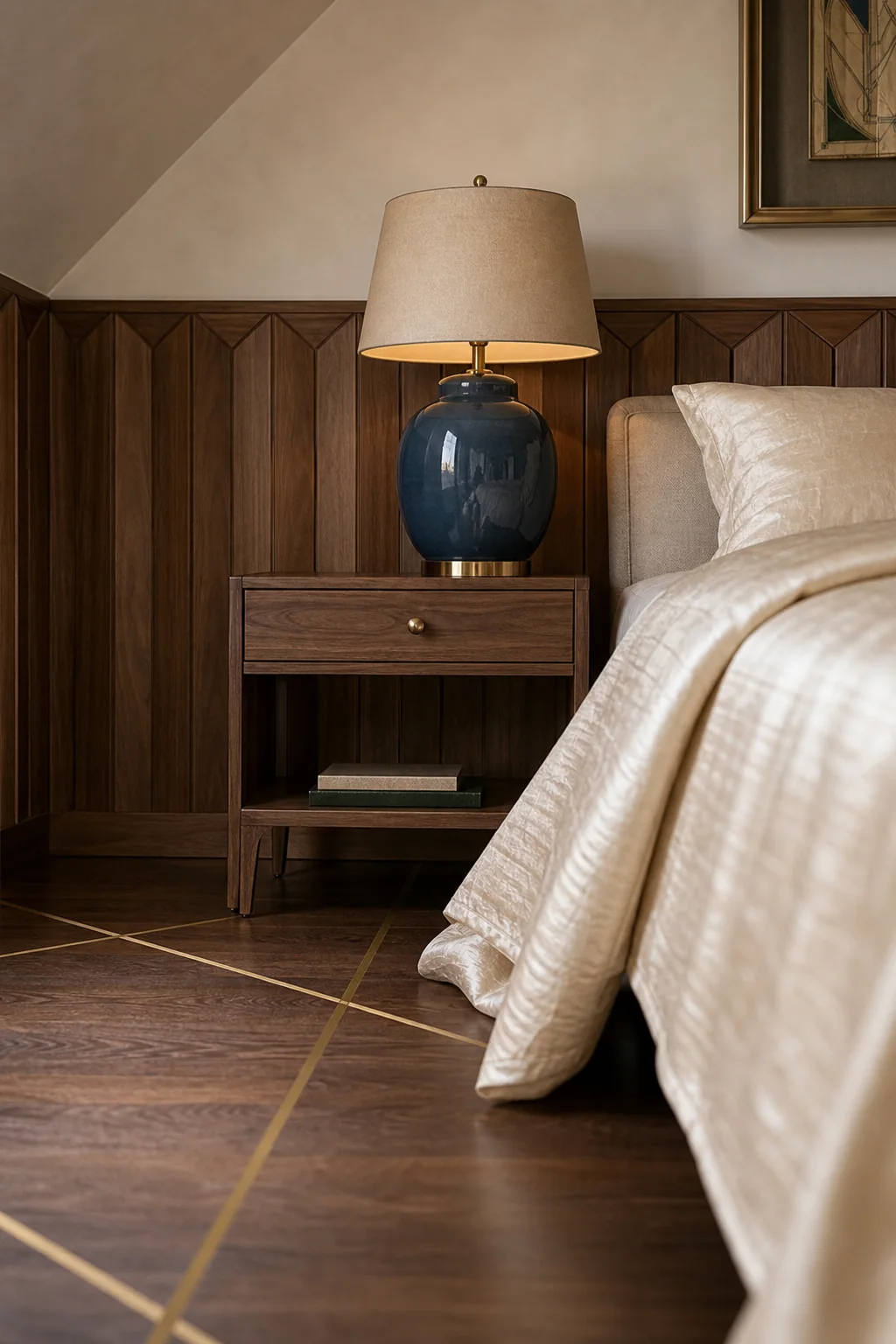 Sapphire accents against warm plaster in the finished attic bedroom