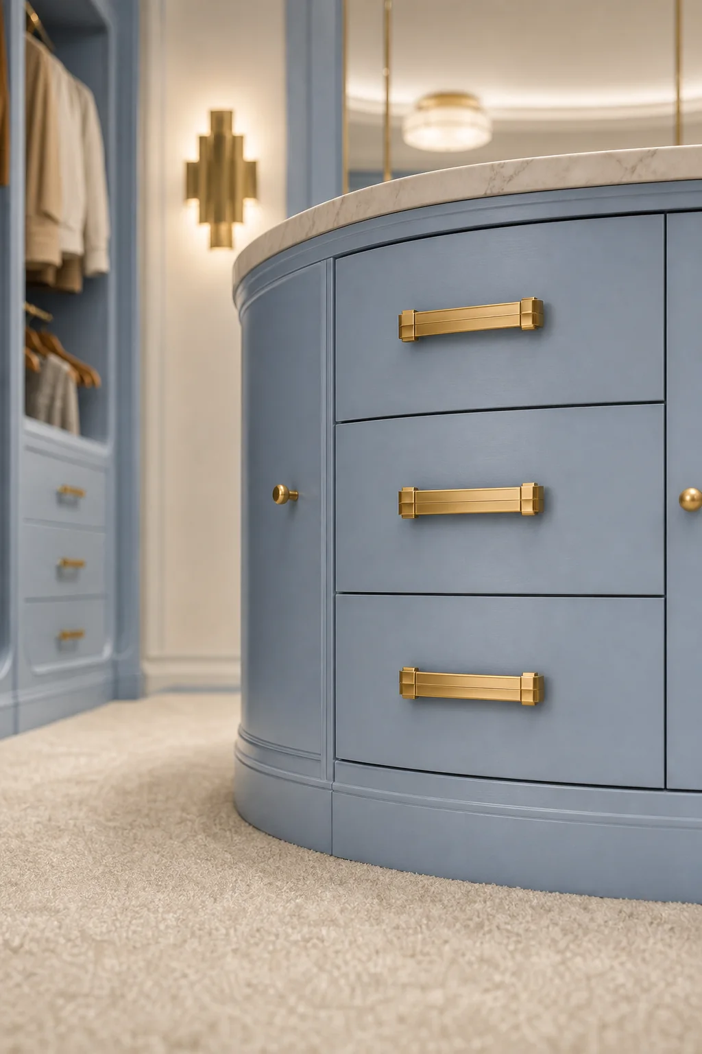 Polished Brass Hardware in the finished walk-in closet