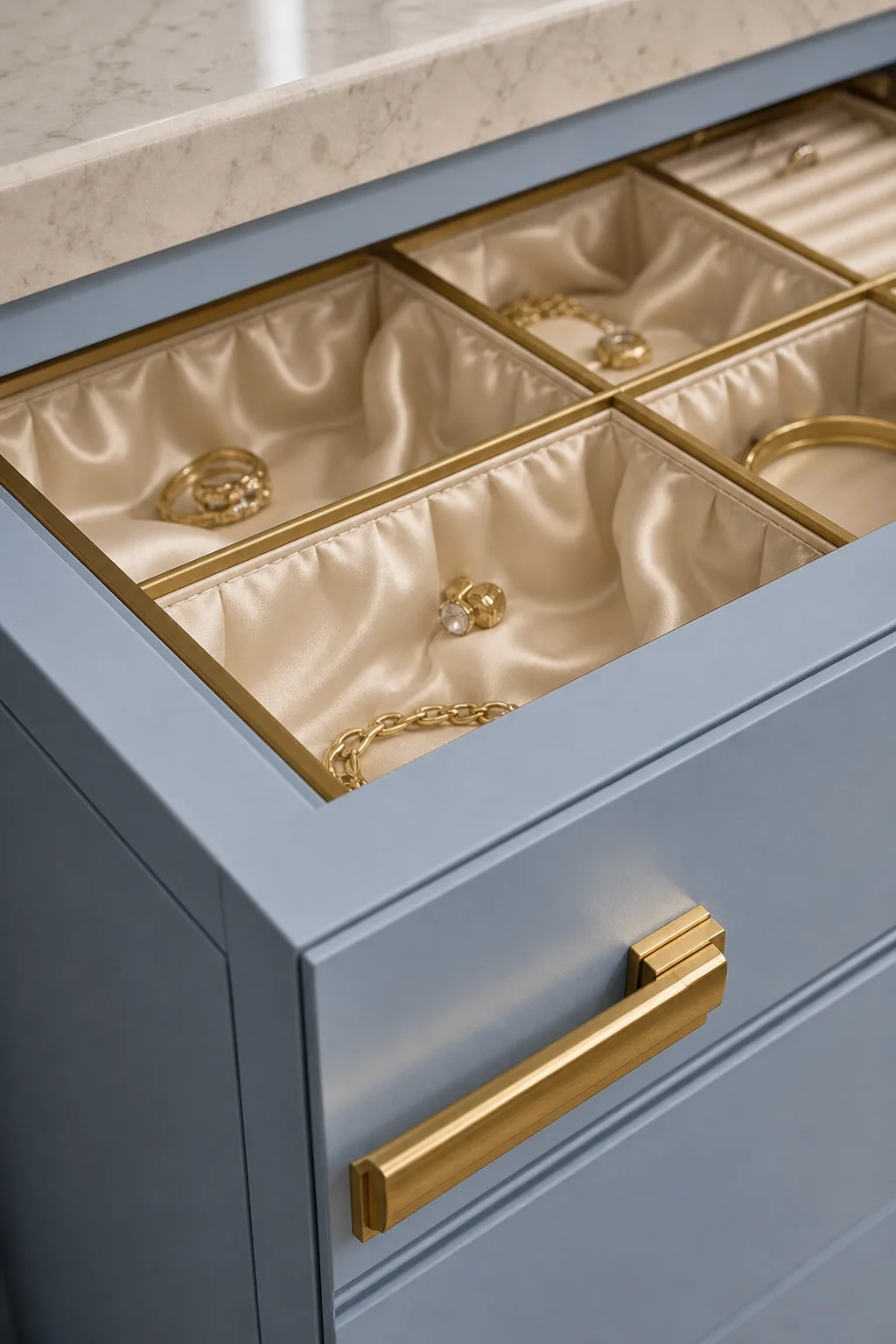 Satin-Lined Accessory Drawers in the finished walk-in closet