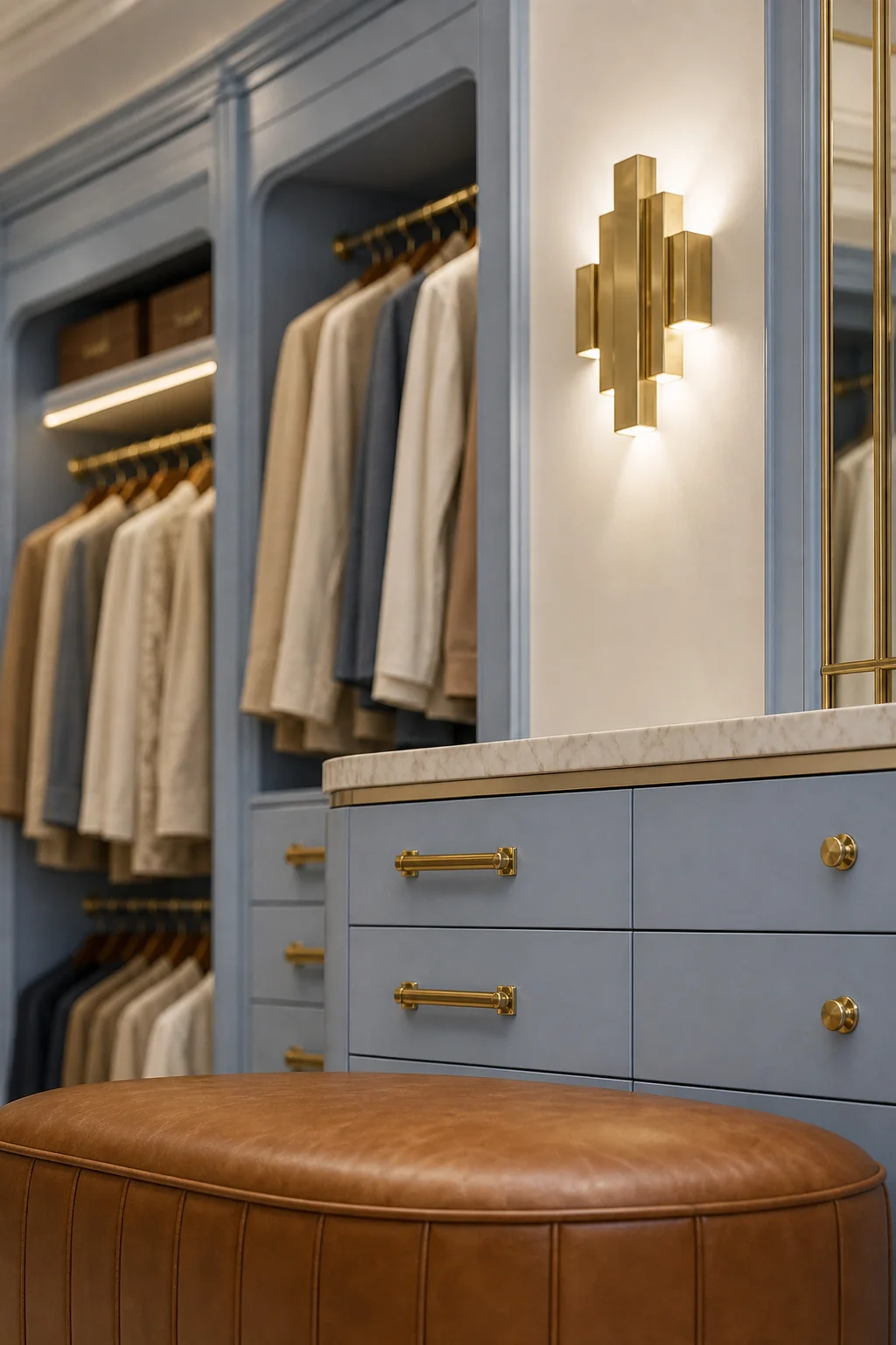 Layering Leather and Satin Finishes in the finished walk-in closet