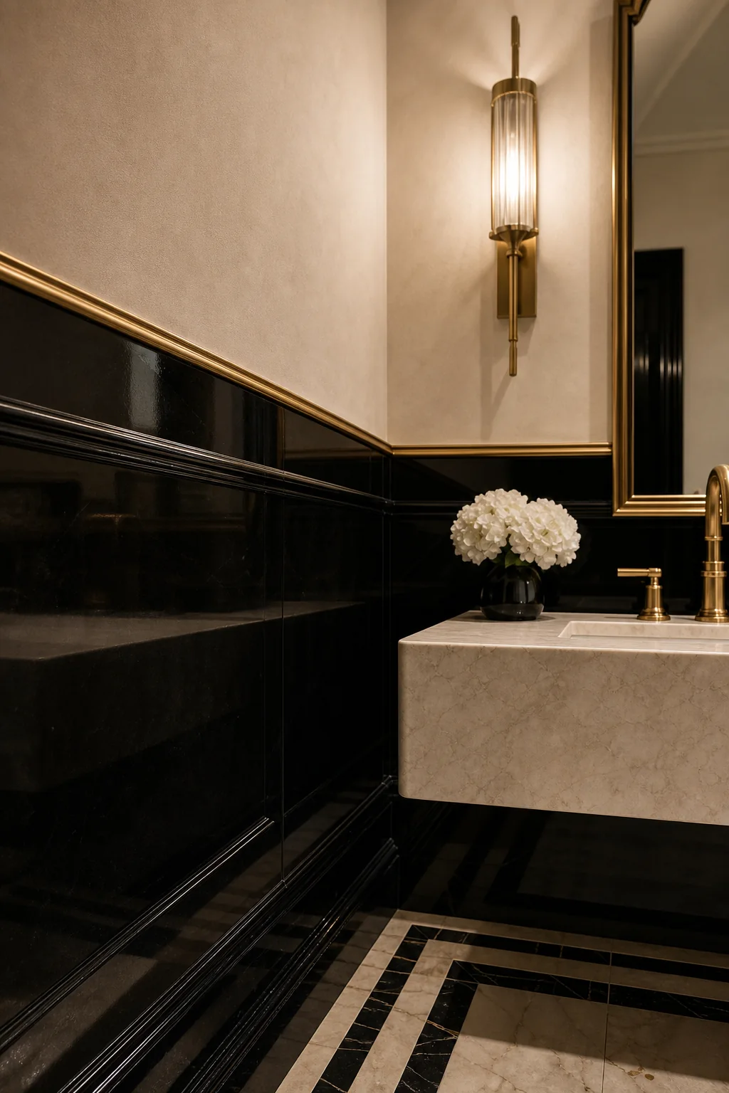 Anchoring with a Glossy Boundary in the finished powder room
