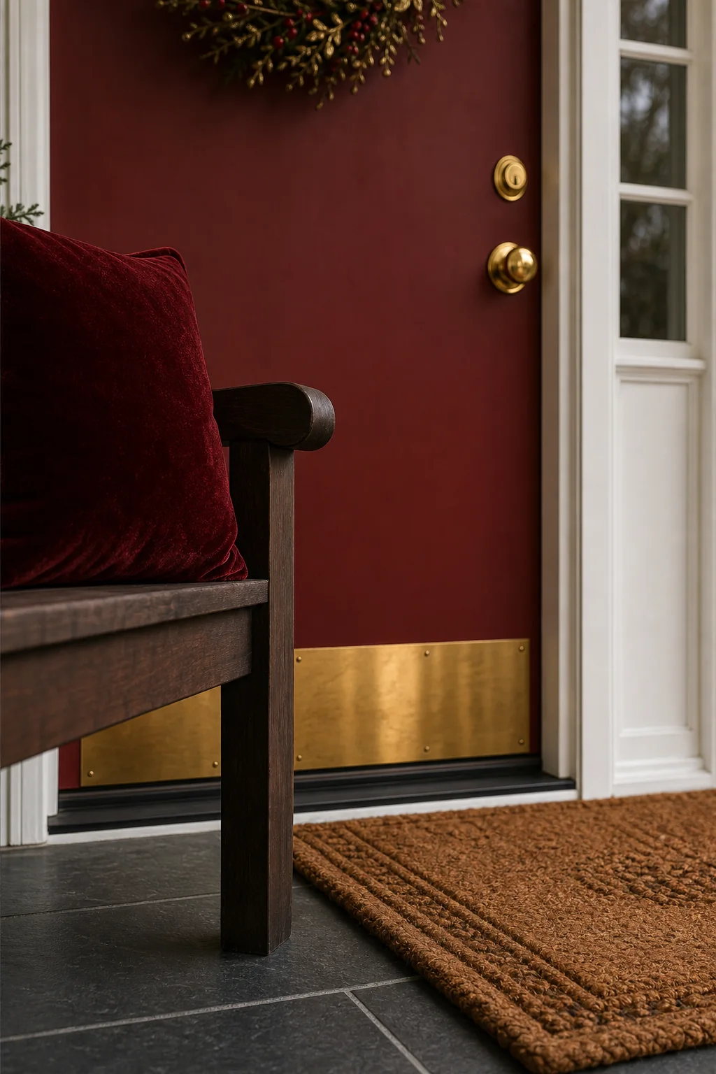 Reflective brass against matte crimson in the finished covered front porch