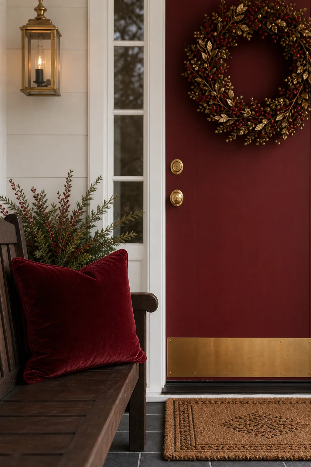 Punctuate deep crimson with polished gold in the finished covered front porch