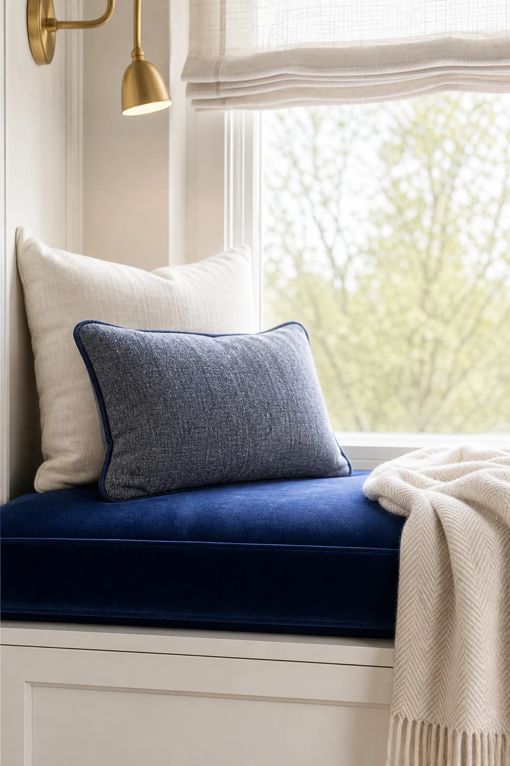 Anchoring with cobalt and glaze in the finished window reading nook