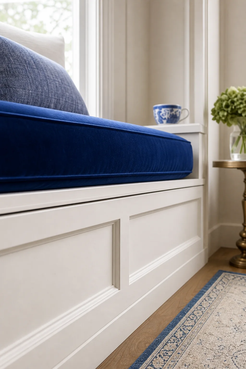 Grounding the base with velvet in the finished window reading nook
