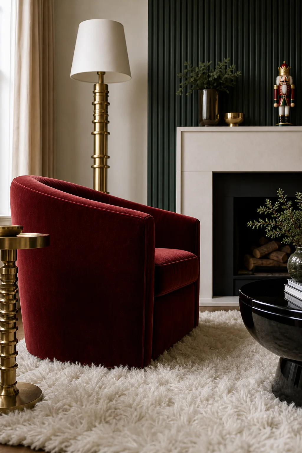 Anchoring with crimson velvet in the finished living room