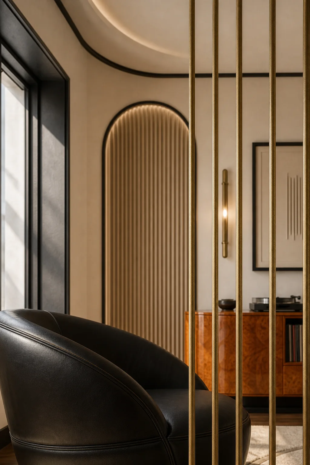 Balancing ebony and brass in the finished music room