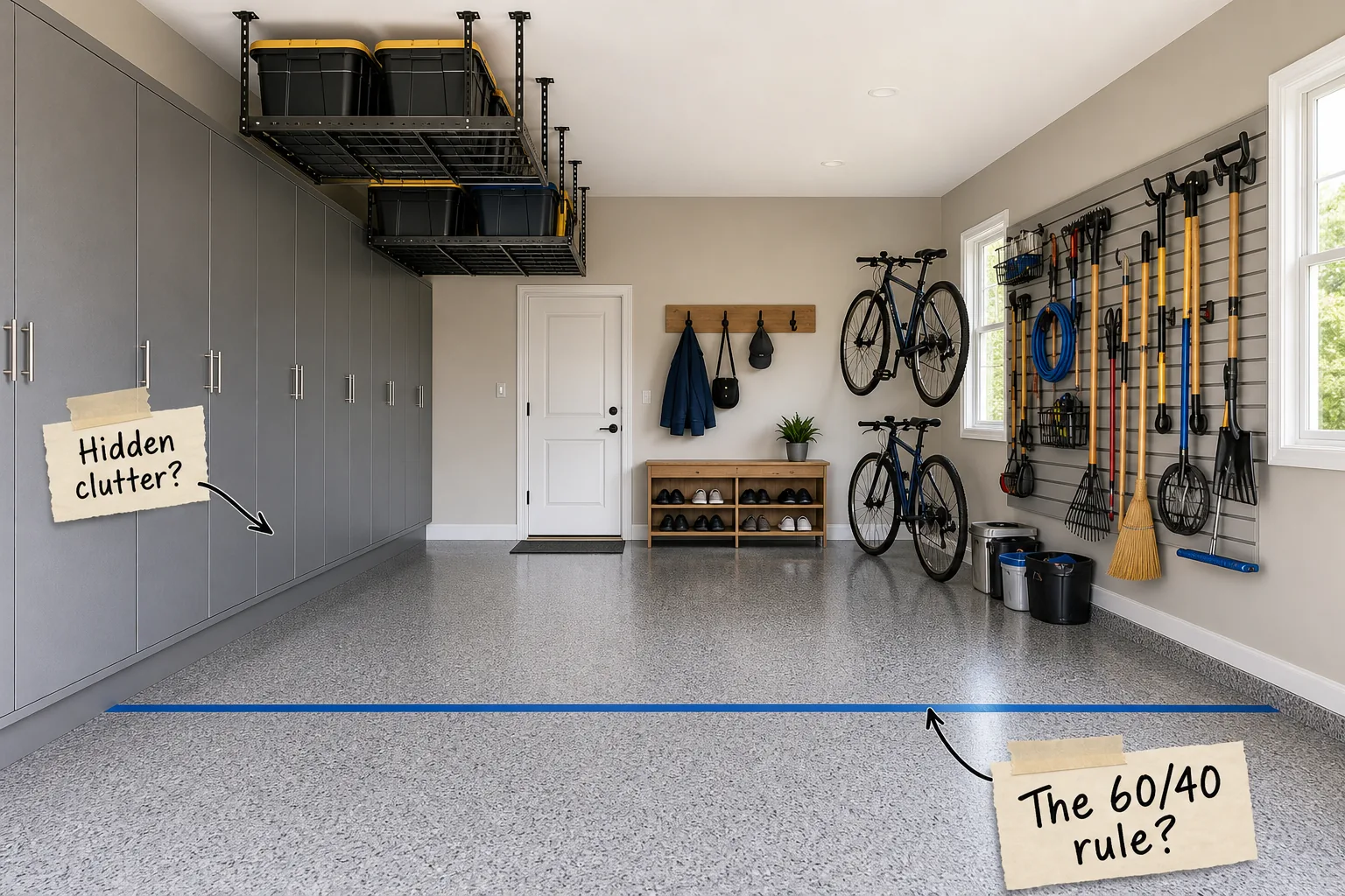 A perfectly organized two-car garage with grey cabinets, a slatwall for tools, overhead racks, and a blue tape line on the floor.