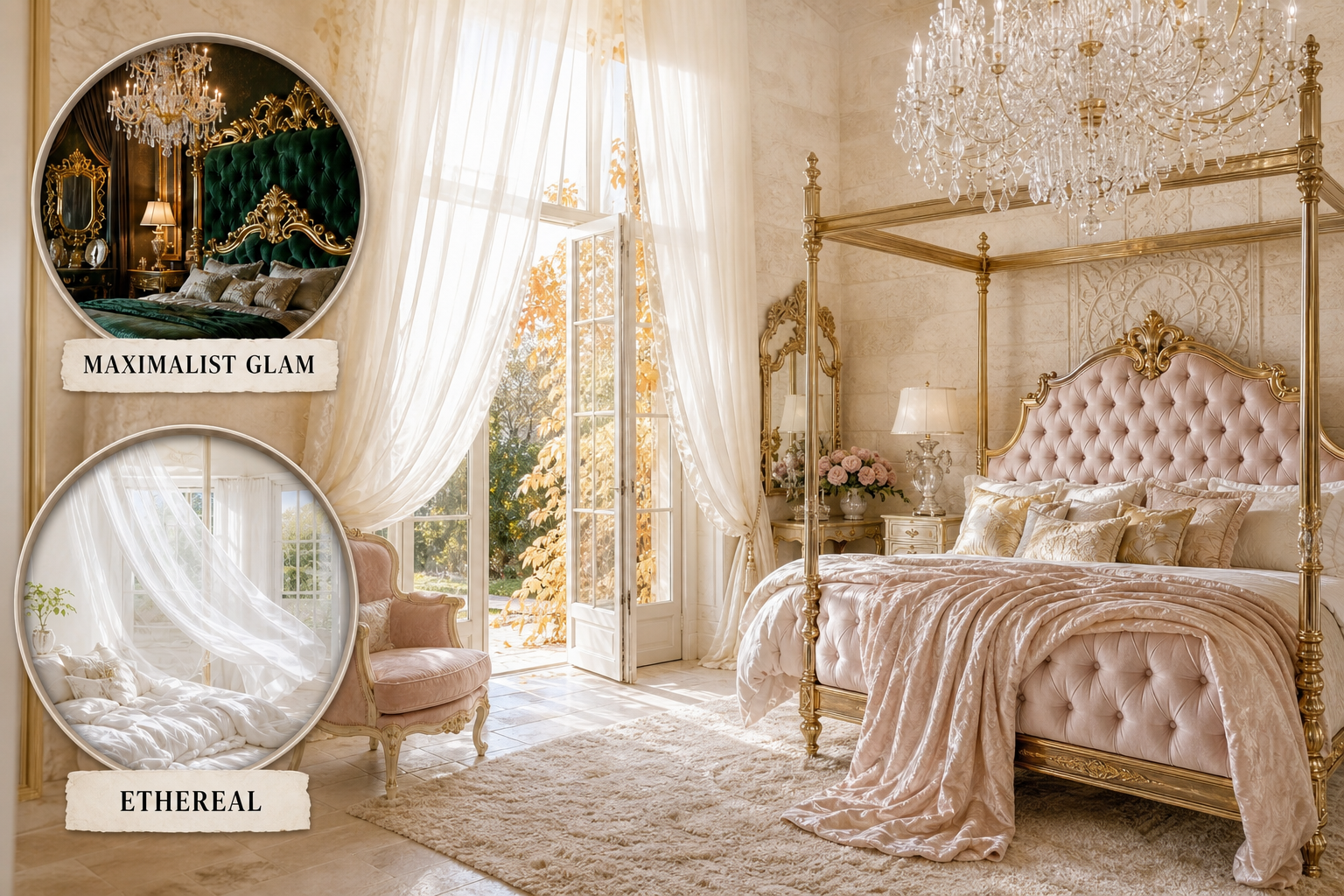 maximalist glam ethereal bedroom