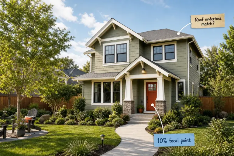 A modern craftsman home exterior painted in sage green with white trim and a red door, featuring labels for the 60 percent field color and 10 percent focal point.