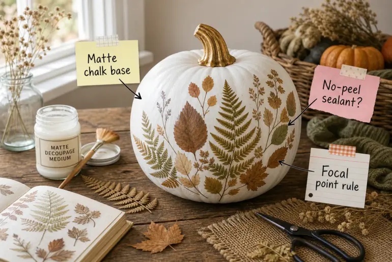 A white painted pumpkin decorated with pressed ferns and leaves sitting on a rustic wooden table next to craft supplies.
