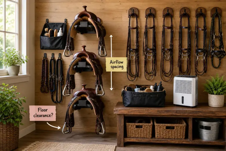 A highly organized tack room wall with wood paneling, featuring three stacked western saddles, hanging bridles, a grooming organizer, and a wooden bench.