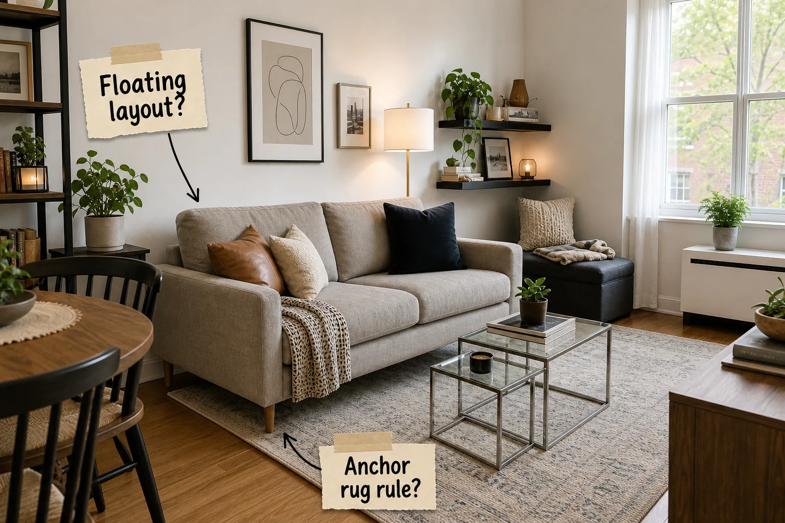 A stylish, sunlit apartment living room featuring a low-profile sofa, wireframe nesting tables, and annotated layout labels.