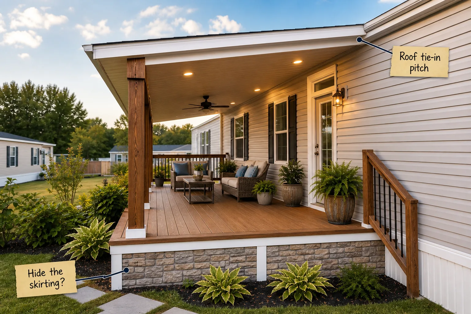 A wide covered wood front porch attached to a double wide mobile home with sturdy columns and comfortable seating.