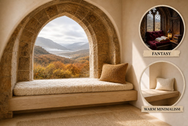 fantasy warm minimalist reading nook