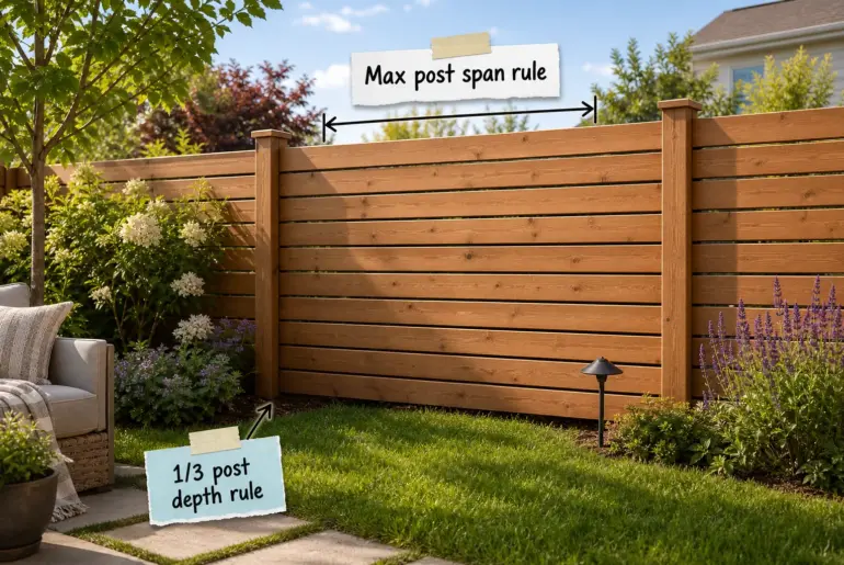 Modern horizontal cedar privacy fence in a lush green backyard with text labels pointing out the post depth and slat gaps.