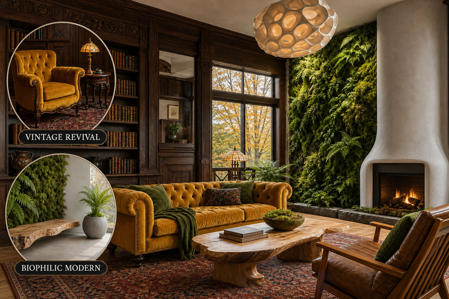 vintage revival biophilic living room